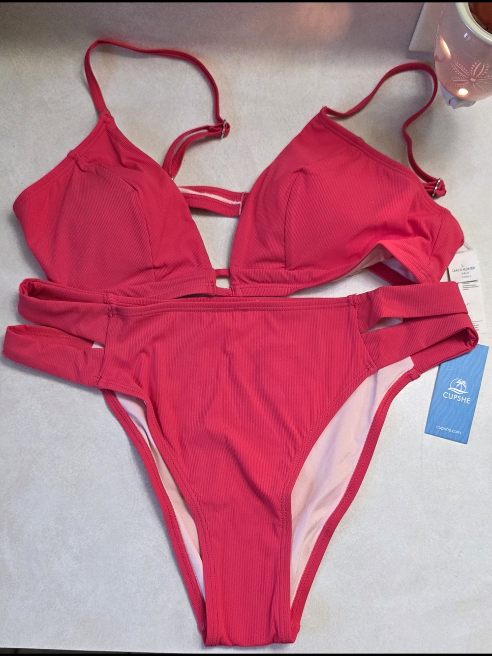 Cupshe Hot Pink Ribbed Strappy Bikini Set